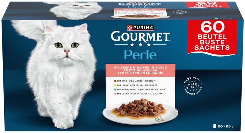 Gourmet Perle kapsičky pro kočky hovězí, kuře, králík, losos ve šťávě 60×85 g
