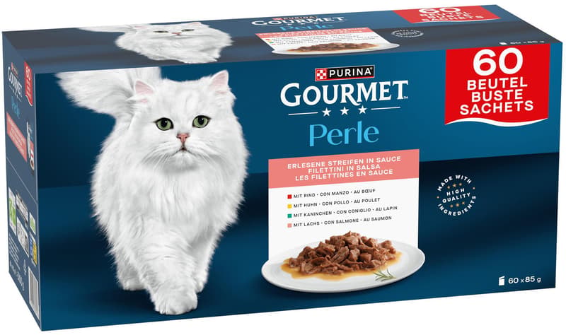Gourmet Perle kapsičky pro kočky hovězí, kuře, králík, losos ve šťávě 60×85 g