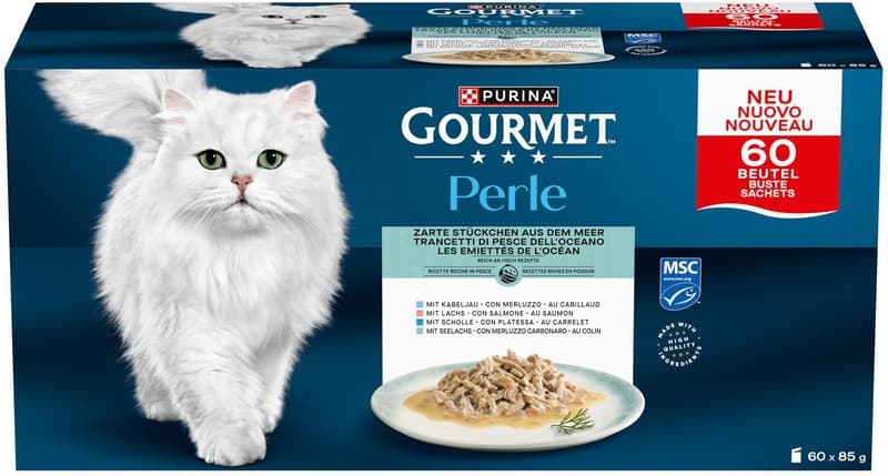 Gourmet Perle kapsičky pro kočky losos, treska, platýs, treska tmavá 60×85 g