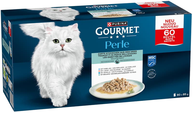 Gourmet Perle kapsičky pro kočky losos, treska, platýs, treska tmavá 60×85 g
