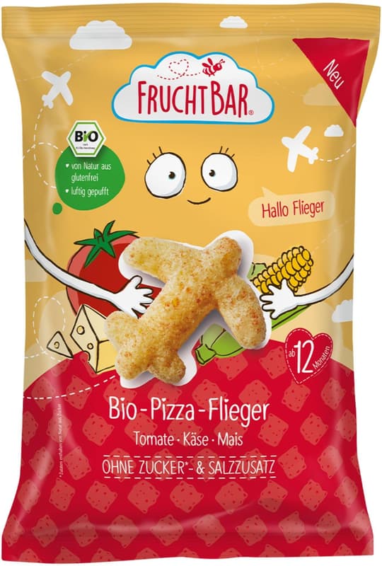 FruchtBar organic corn puffs with tomato, carrot and cheese – aeroplanes
