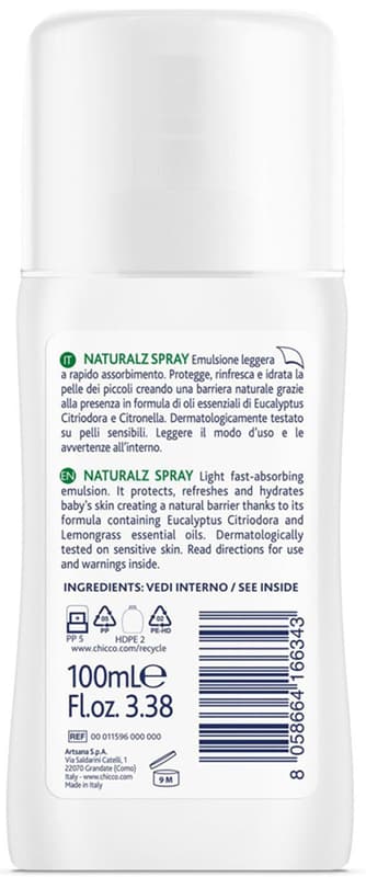 Chicco Mosquito Repellent Spray, protective and refreshing, 95% natural ingredients, 100 ml, 2m+
