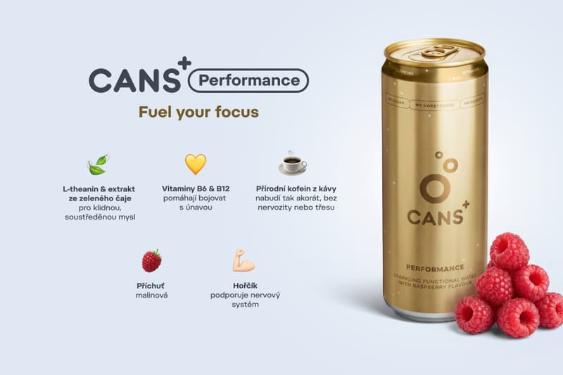 Cans+ Performance sparkling functional drink with raspberry flavor