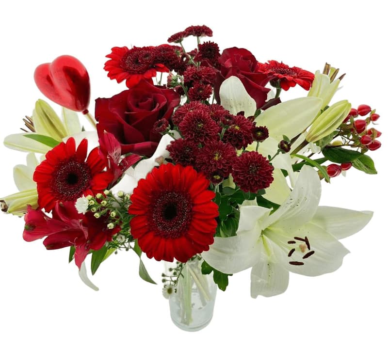 Bouquet red-white with lilies