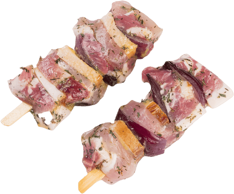 Naše maso Pork Skewer with Přeštík Lard Bacon, Red Onion and Fermented Pepper