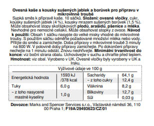 Marks & Spencer Ovesná kaše s kousky sušených jablek a borůvek pro přípravu v mikrovlnné troubě