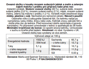 Marks & Spencer Ovesné vločky s kousky mrazem sušených jablek a malin a zeleným čajem matcha v prášku pro přípravu kaše přes noc