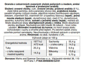 Marks & Spencer Granola z celozrnných ovesných vloček pečených s medem, směsí semínek a praženými arašídy