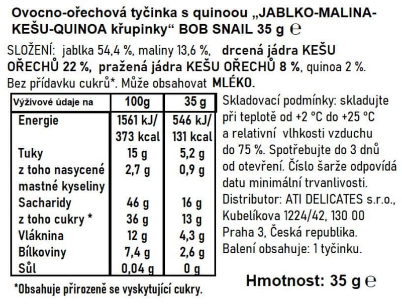 Šnek Bob Ovocná tyčinka jablko, malina s kešu a quinoou