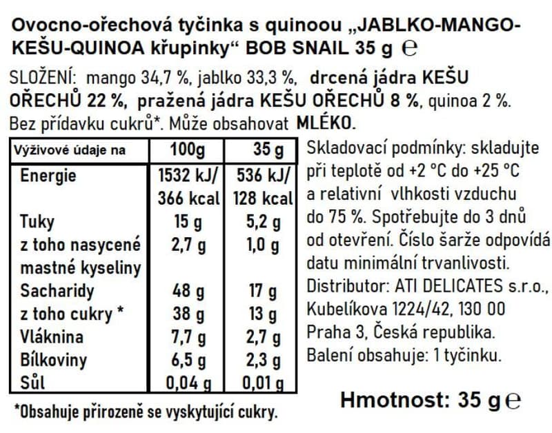 Šnek Bob Ovocná tyčinka jablko, mango s kešu a quinoou