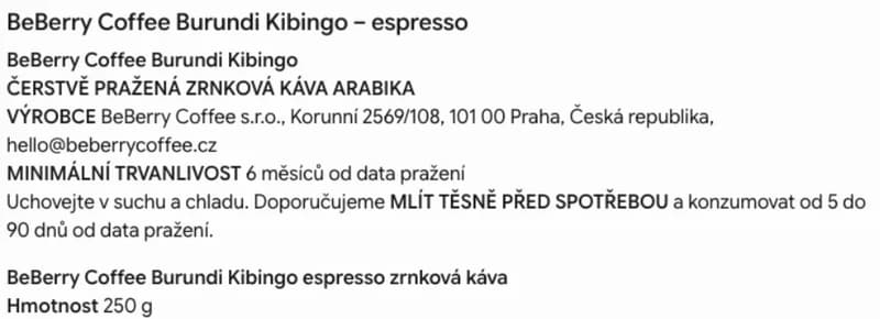 BeBerry Coffee Burundi Kibingo espresso zrnková káva