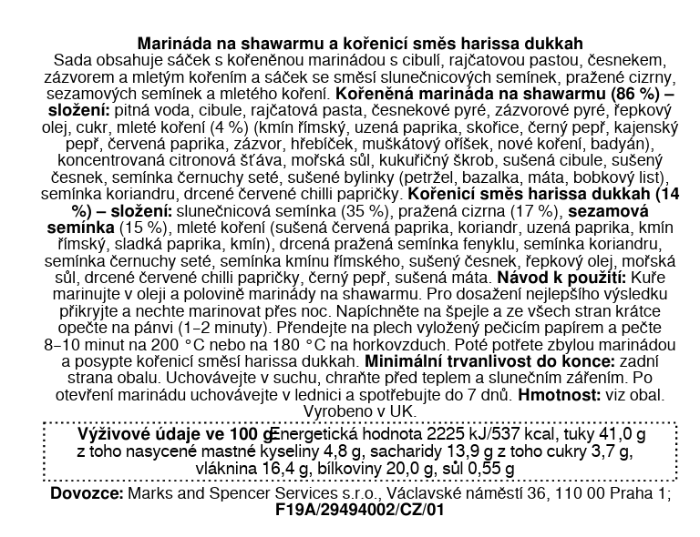 Marks & Spencer Marináda na shawarmu a kořenicí směs harissa dukkah