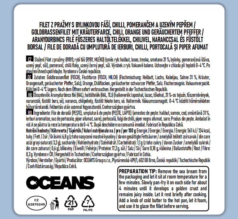 Oceans Filet pražmy s bylinkovou fáší, chilli, pomerančem a uzeným pepřem