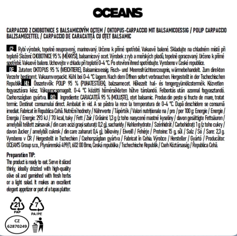 Oceans Carpaccio z chobotnice s balsamicovým octem