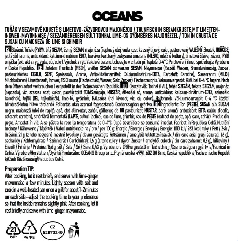 Oceans Tuňák v sezamové krustě s limetovo-zázvorovou majonézou