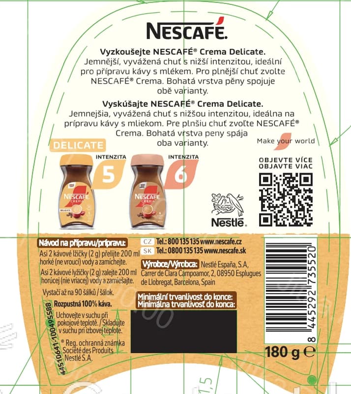 Nescafé Crema Delicate rozpustná káva s bohatou pěnou a jemnou chutí kávy