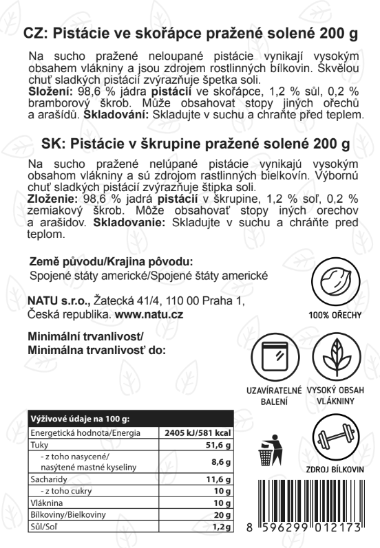 Natu Pistácie neloupané pražené solené